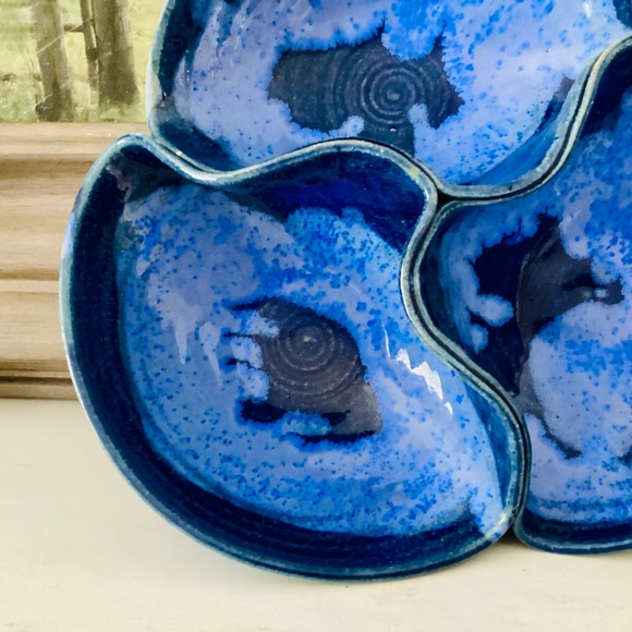 Studio Pottery Blue Glaze Triple Pinched Large Bowl Serving Dish Artist Signed - Picture 6 of 12